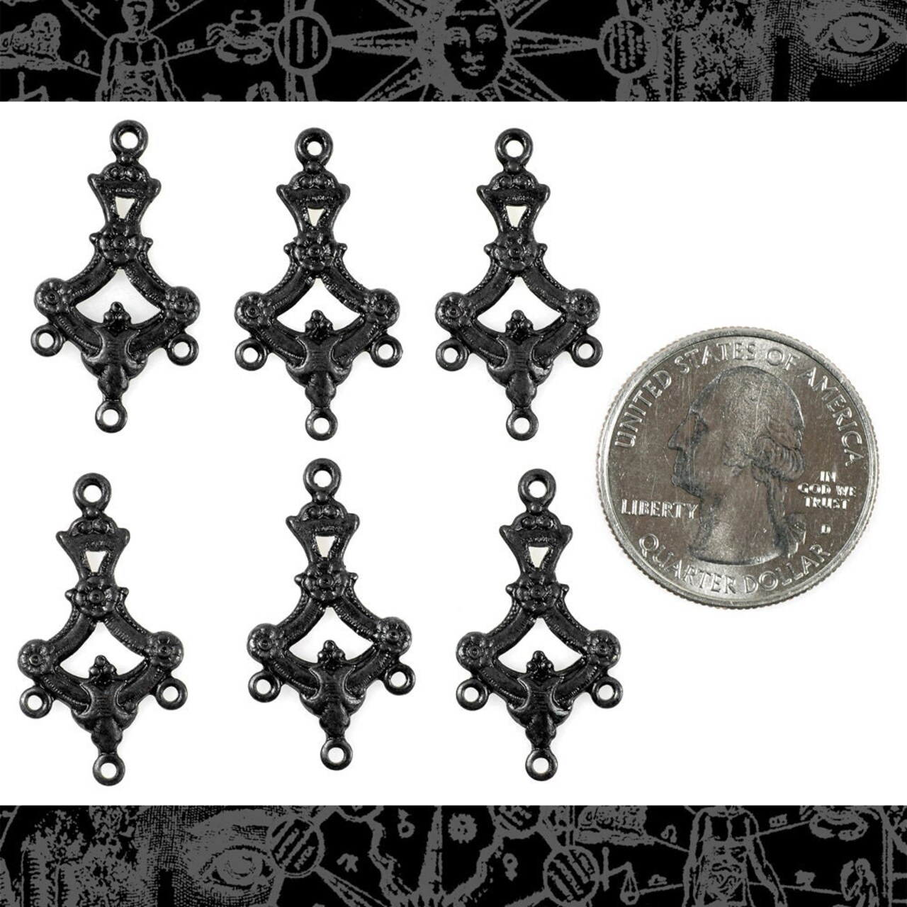 Black Plated Brass Ornate Floral Branch Four Way Connectors - Set of Six - BB-4C08